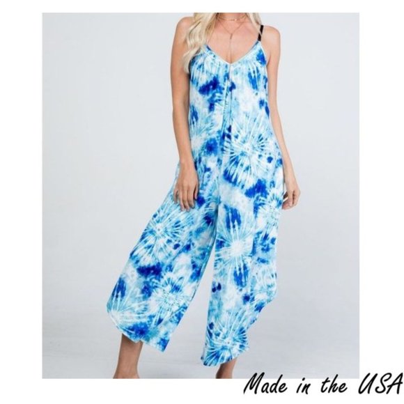 Boutique Pants - Tie Dye Blue/White V-Neck Jumpsuit with Pockets